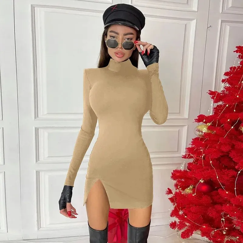 Long Sleeve Polo Neck Front Split Dress