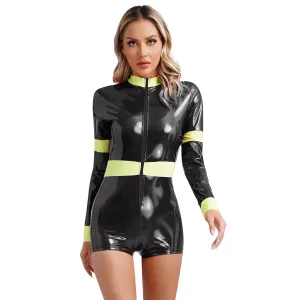 Long Sleeve PU Leather Front Zipper Bodysuit