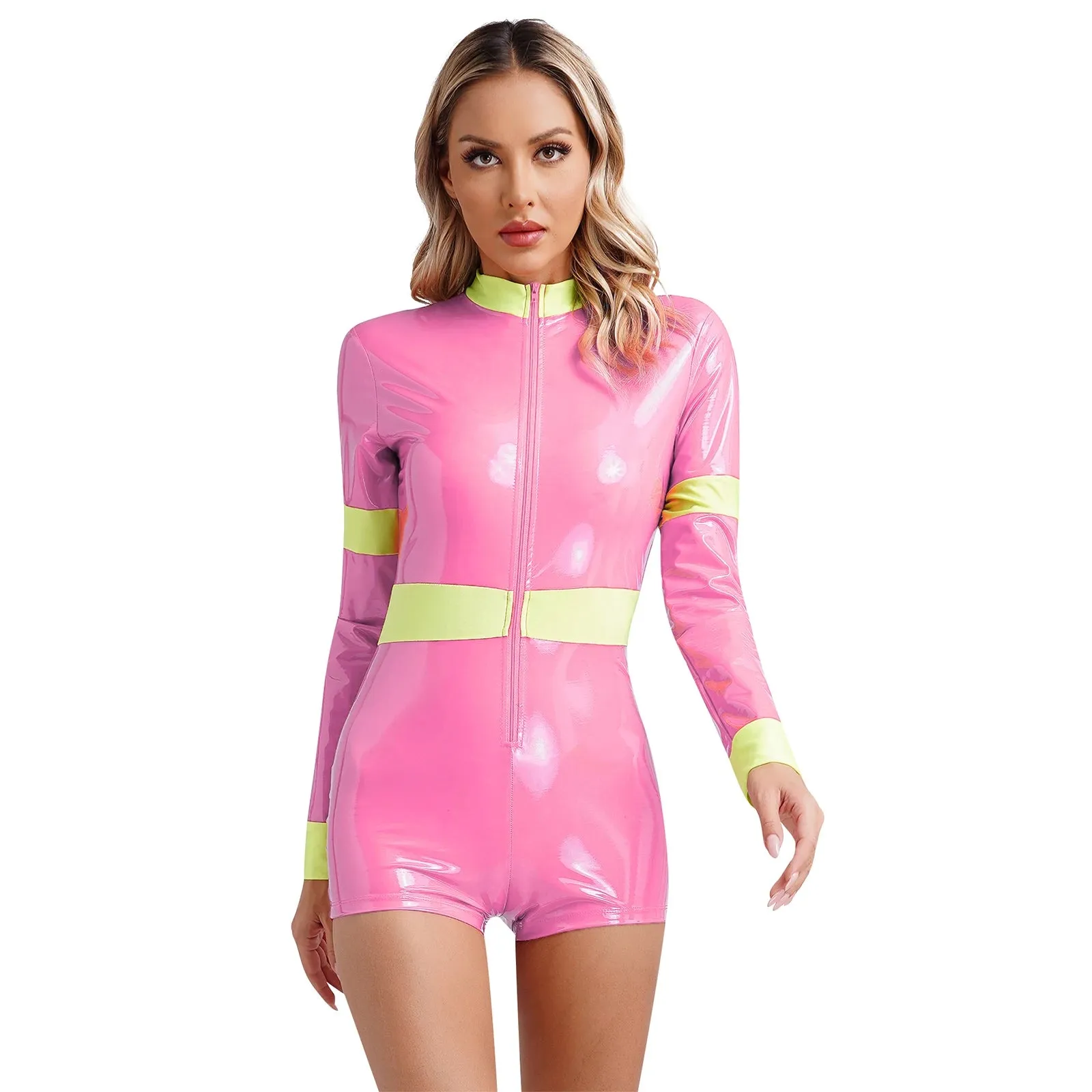 Long Sleeve PU Leather Front Zipper Bodysuit