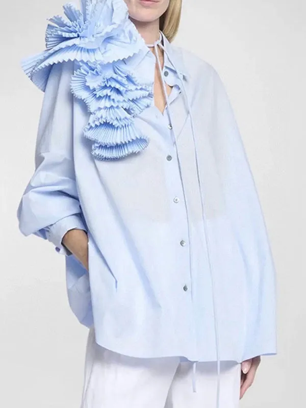 Long Sleeves Loose Asymmetric Buttoned Pleated Solid Color Split-Joint Three-Dimensional Flower Lapel Blouses&Shirts Tops