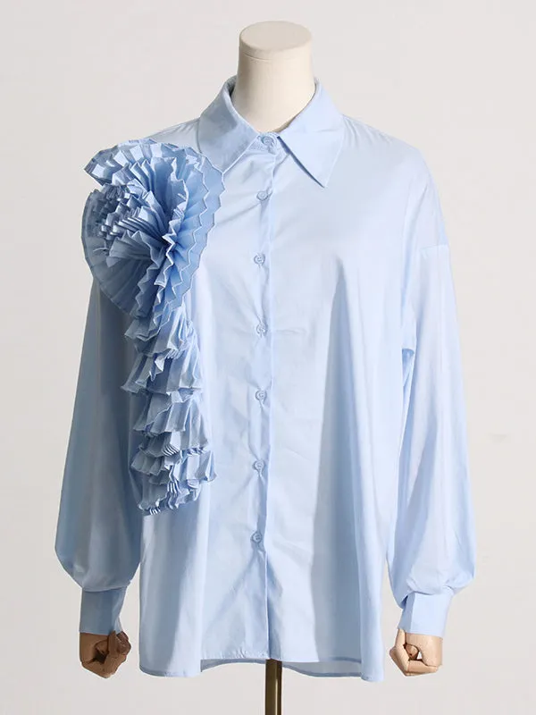 Long Sleeves Loose Asymmetric Buttoned Pleated Solid Color Split-Joint Three-Dimensional Flower Lapel Blouses&Shirts Tops