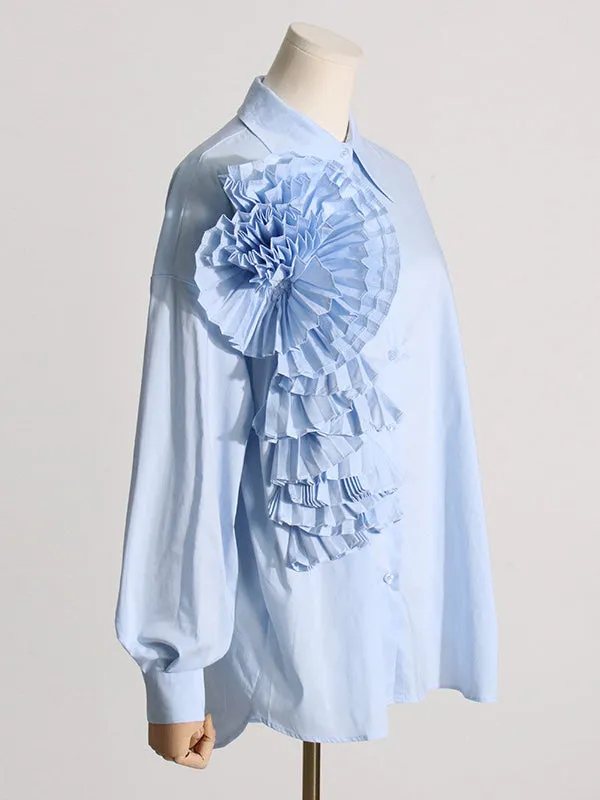 Long Sleeves Loose Asymmetric Buttoned Pleated Solid Color Split-Joint Three-Dimensional Flower Lapel Blouses&Shirts Tops