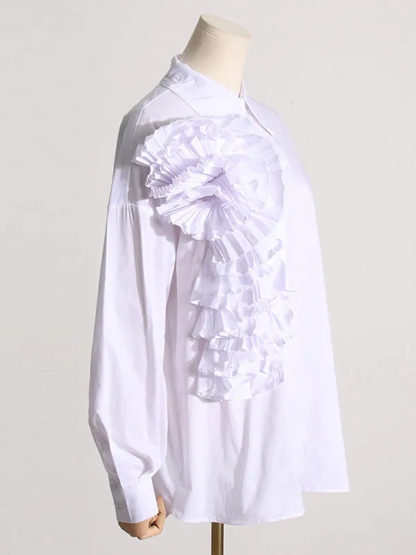 Long Sleeves Loose Asymmetric Buttoned Pleated Solid Color Split-Joint Three-Dimensional Flower Lapel Blouses&Shirts Tops