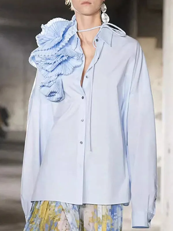 Long Sleeves Loose Asymmetric Buttoned Pleated Solid Color Split-Joint Three-Dimensional Flower Lapel Blouses&Shirts Tops