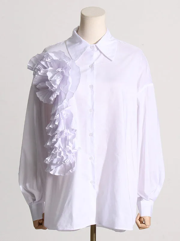 Long Sleeves Loose Asymmetric Buttoned Pleated Solid Color Split-Joint Three-Dimensional Flower Lapel Blouses&Shirts Tops