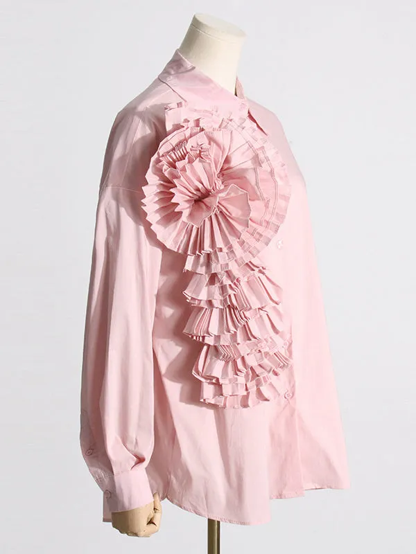 Long Sleeves Loose Asymmetric Buttoned Pleated Solid Color Split-Joint Three-Dimensional Flower Lapel Blouses&Shirts Tops