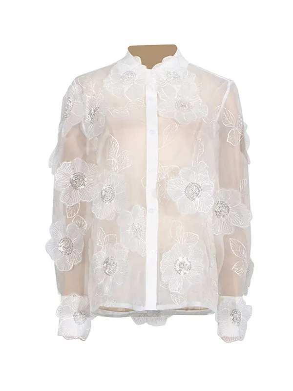 Long Sleeves Loose Buttoned Embroidered See-Through Three-Dimensional Flower Lapel Blouses&Shirts Tops