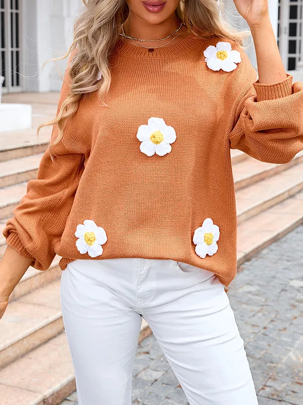 Long Sleeves Loose Split-Joint Three-Dimensional Flower Round-Neck Pullovers Sweater Tops