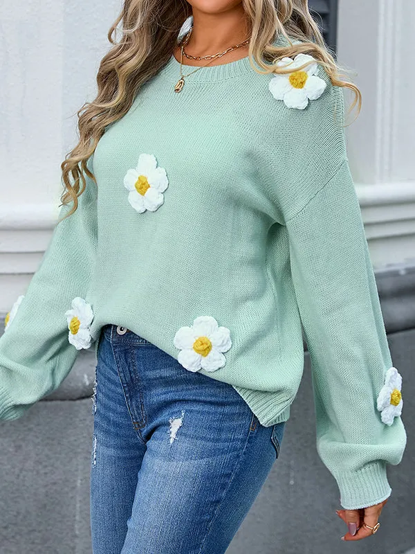 Long Sleeves Loose Split-Joint Three-Dimensional Flower Round-Neck Pullovers Sweater Tops