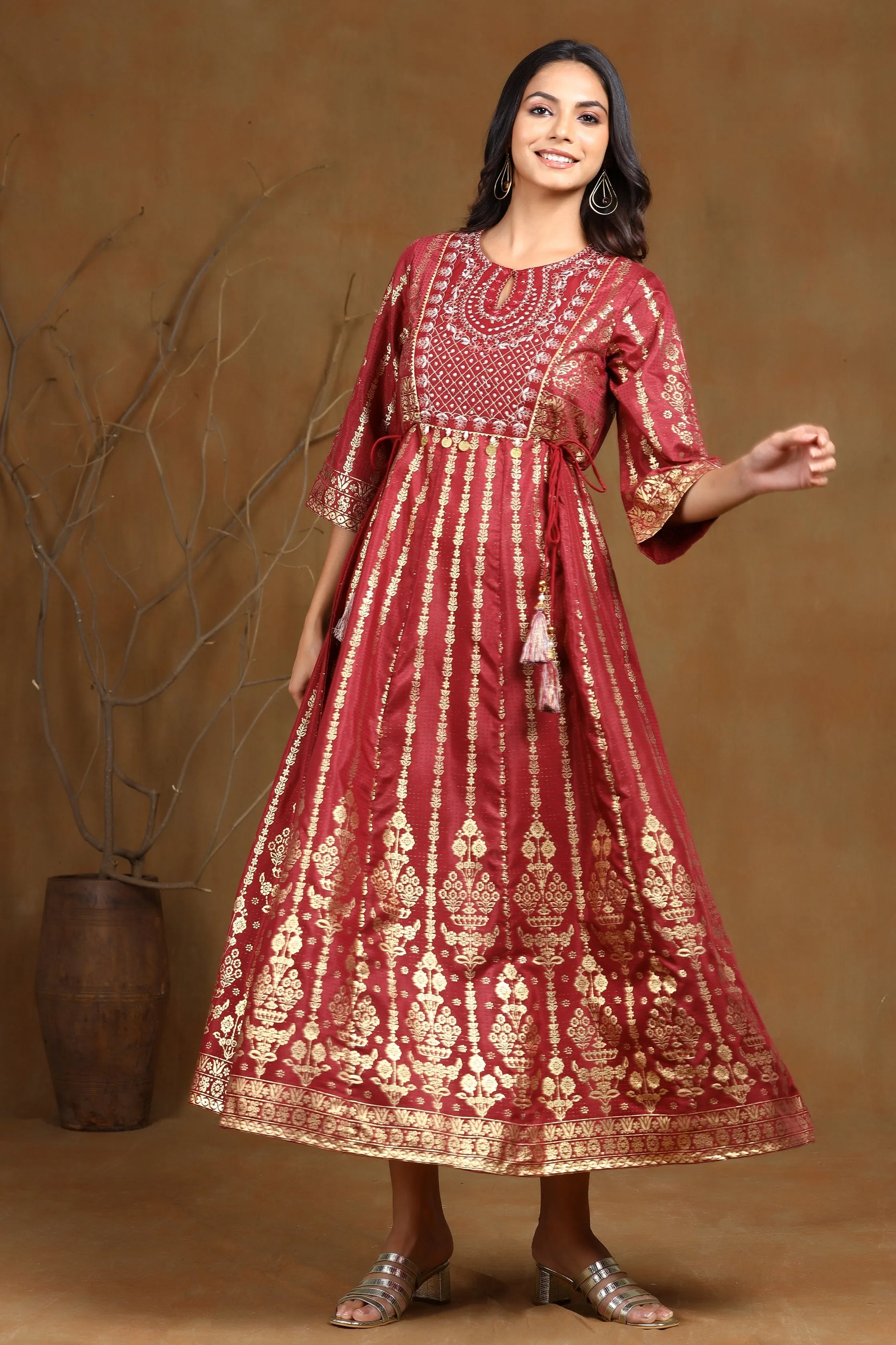 Maroon Shantoon Printed Anarkali Dress