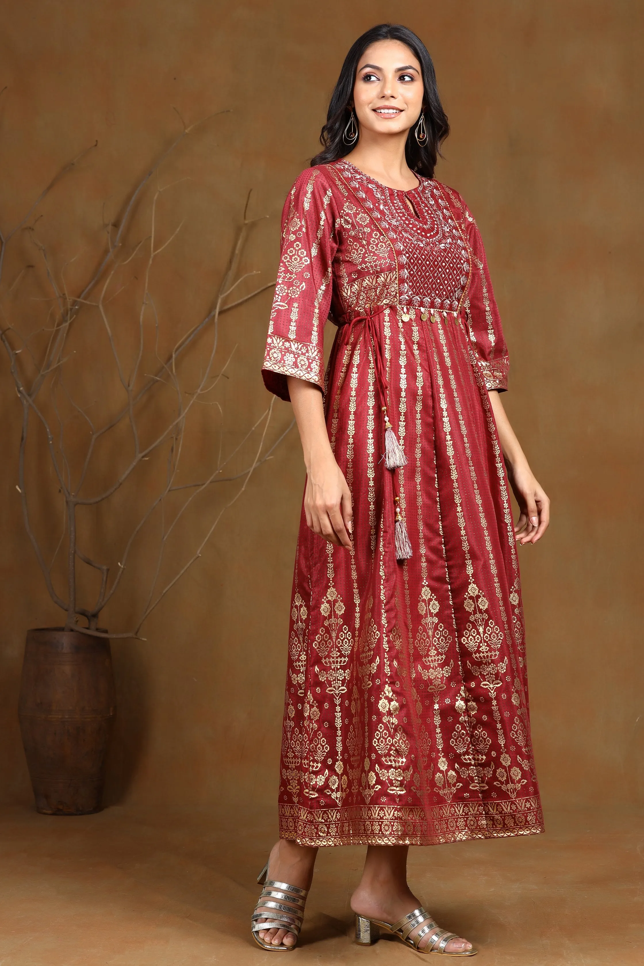 Maroon Shantoon Printed Anarkali Dress