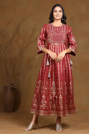 Maroon Shantoon Printed Anarkali Dress