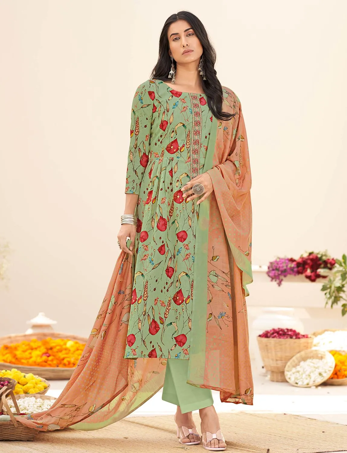 Masakali Unstitched Pure Cambric Cotton Suit Set Green