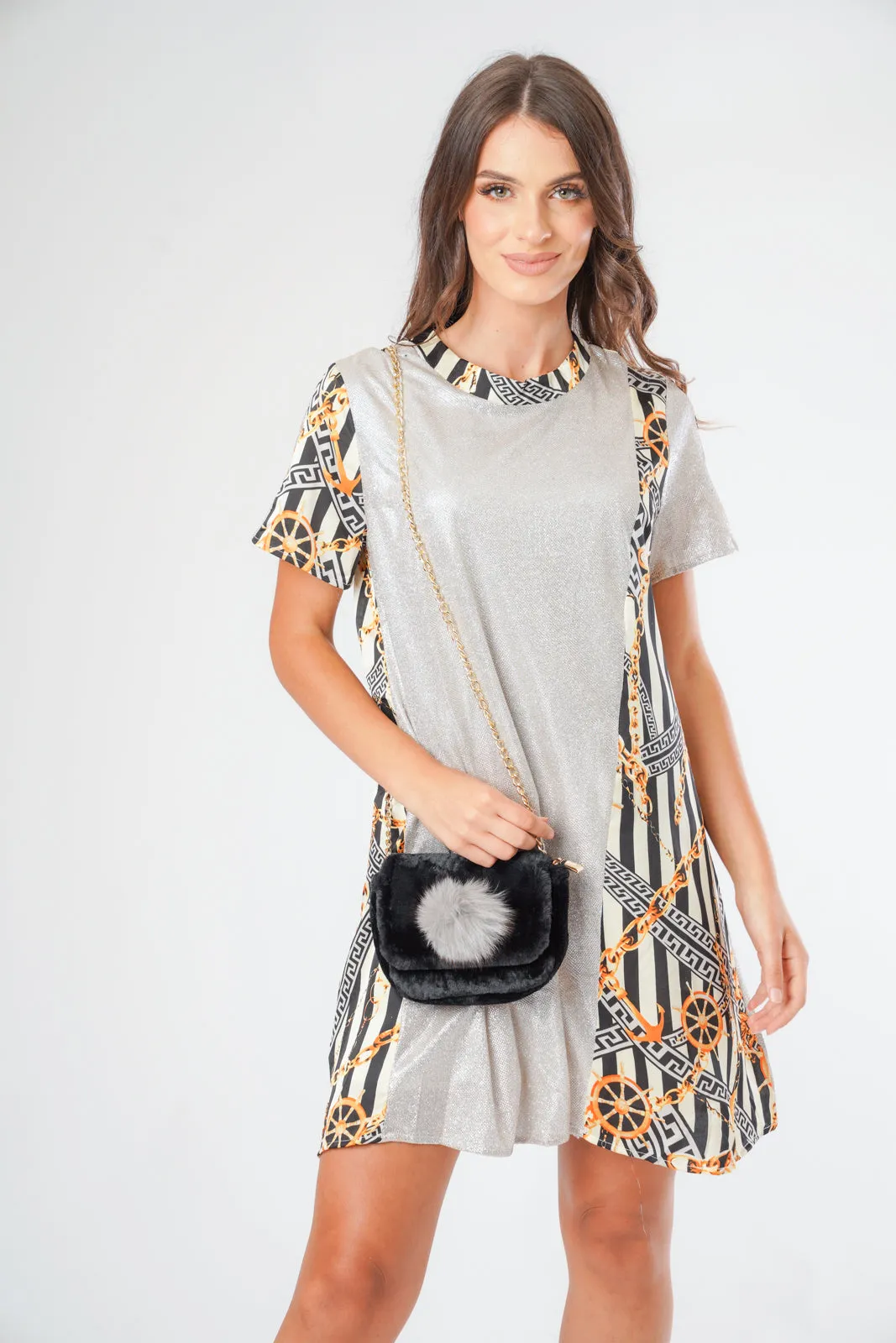 Metallic Chain Print A Line Dress