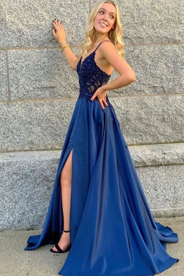 Navy Blue V Neck Satin Prom Dress Beaded Lace Top Evening Dress