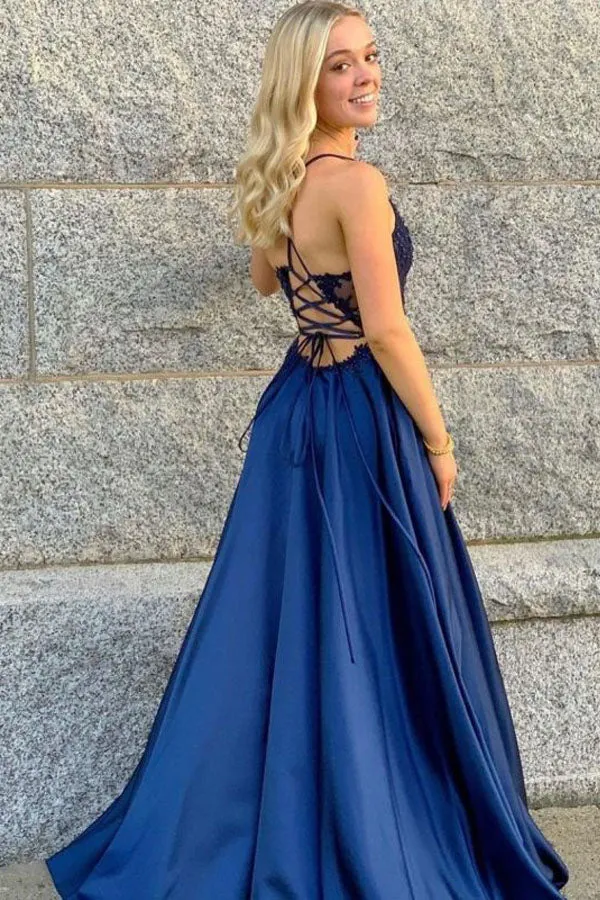 Navy Blue V Neck Satin Prom Dress Beaded Lace Top Evening Dress