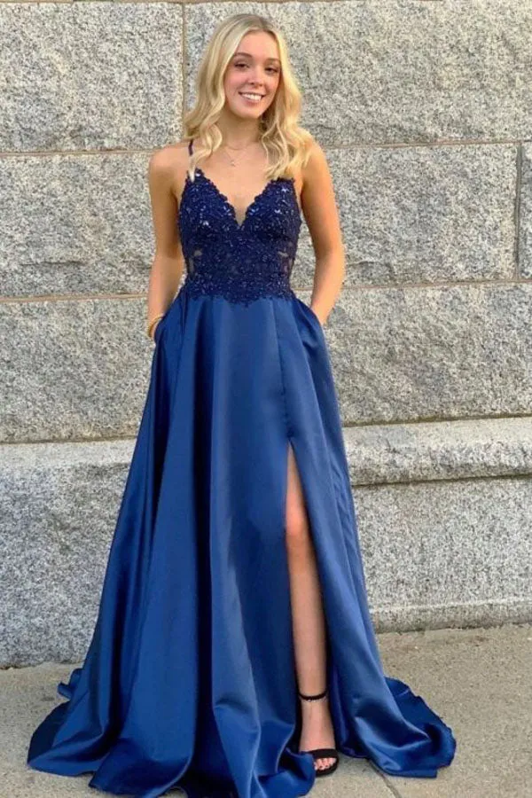 Navy Blue V Neck Satin Prom Dress Beaded Lace Top Evening Dress