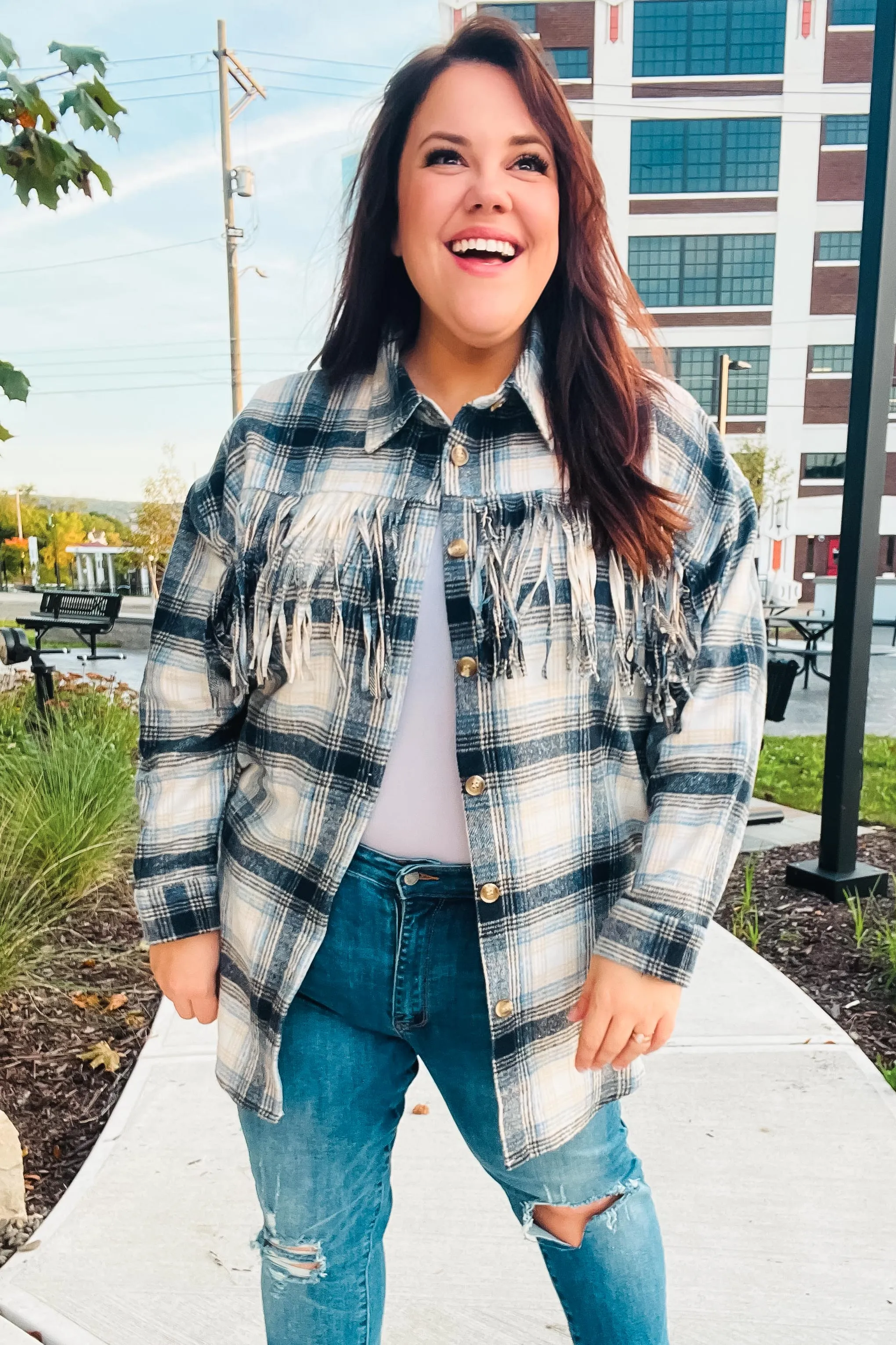 Navy Plaid Fringe Button Down Shacket