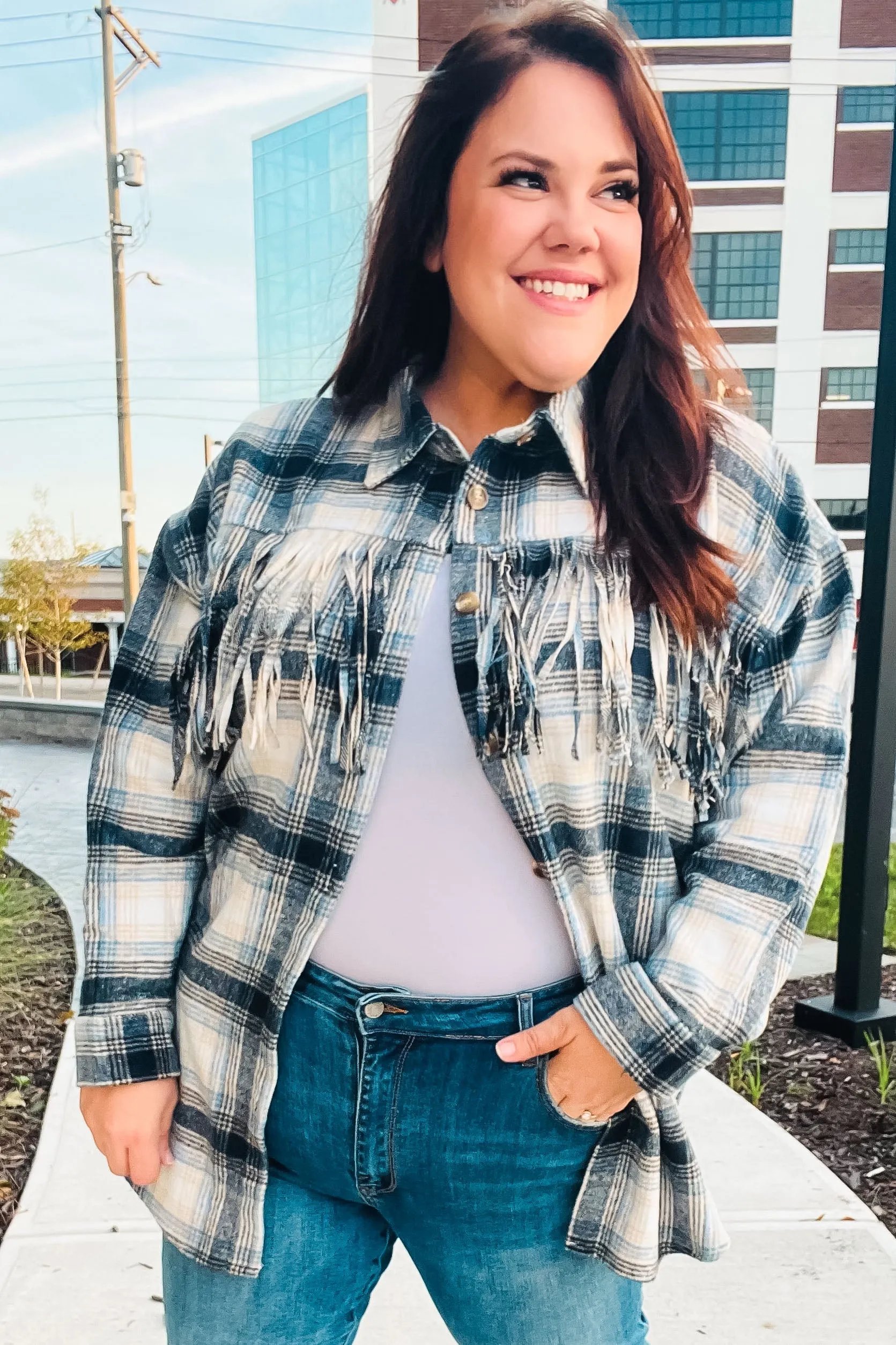 Navy Plaid Fringe Button Down Shacket