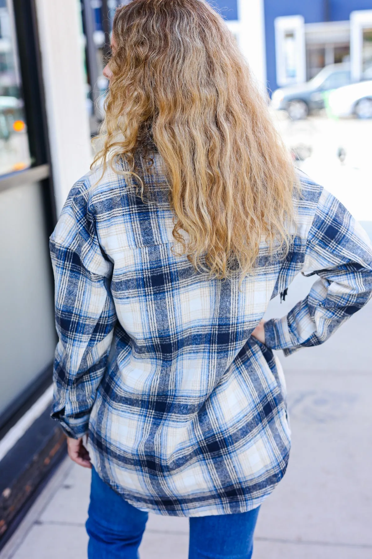 Navy Plaid Fringe Button Down Shacket