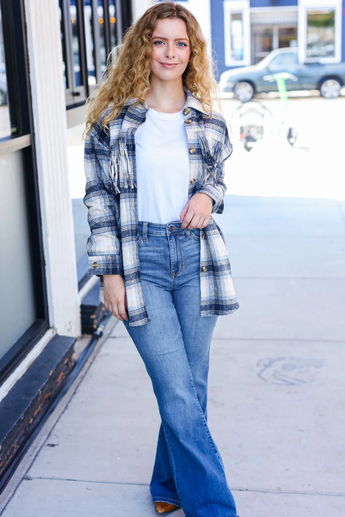 Navy Plaid Fringe Button Down Shacket