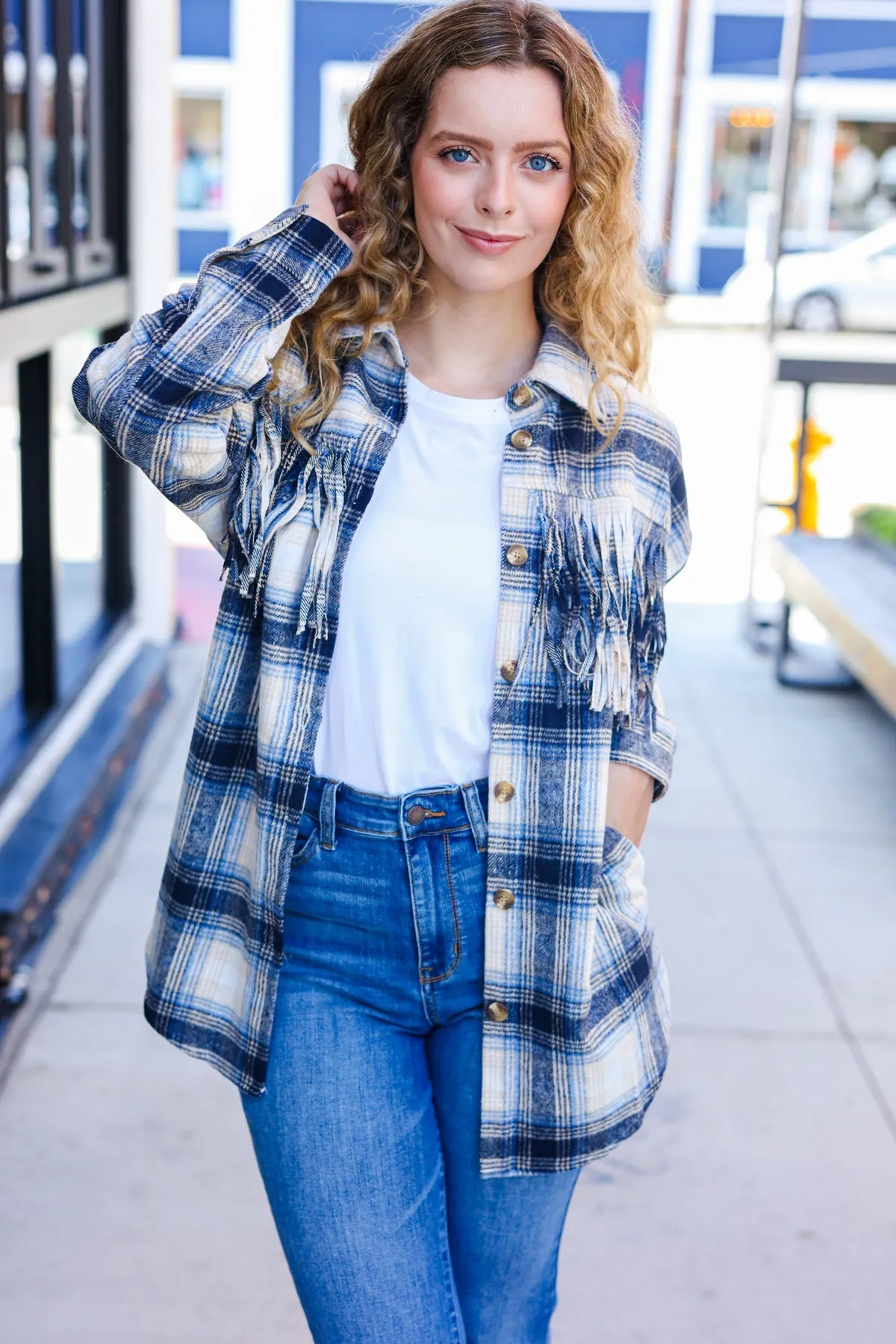 Navy Plaid Fringe Button Down Shacket