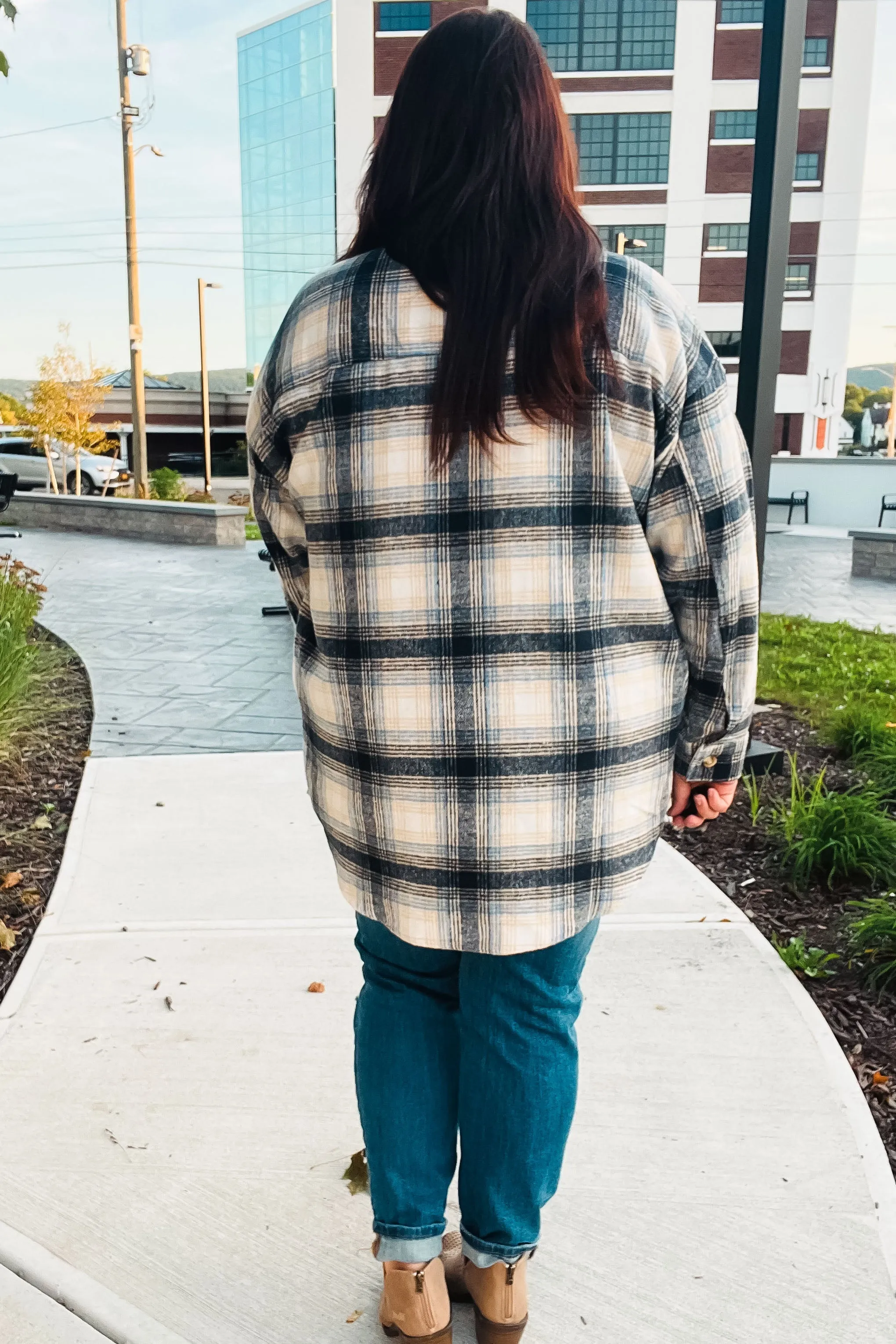 Navy Plaid Fringe Button Down Shacket