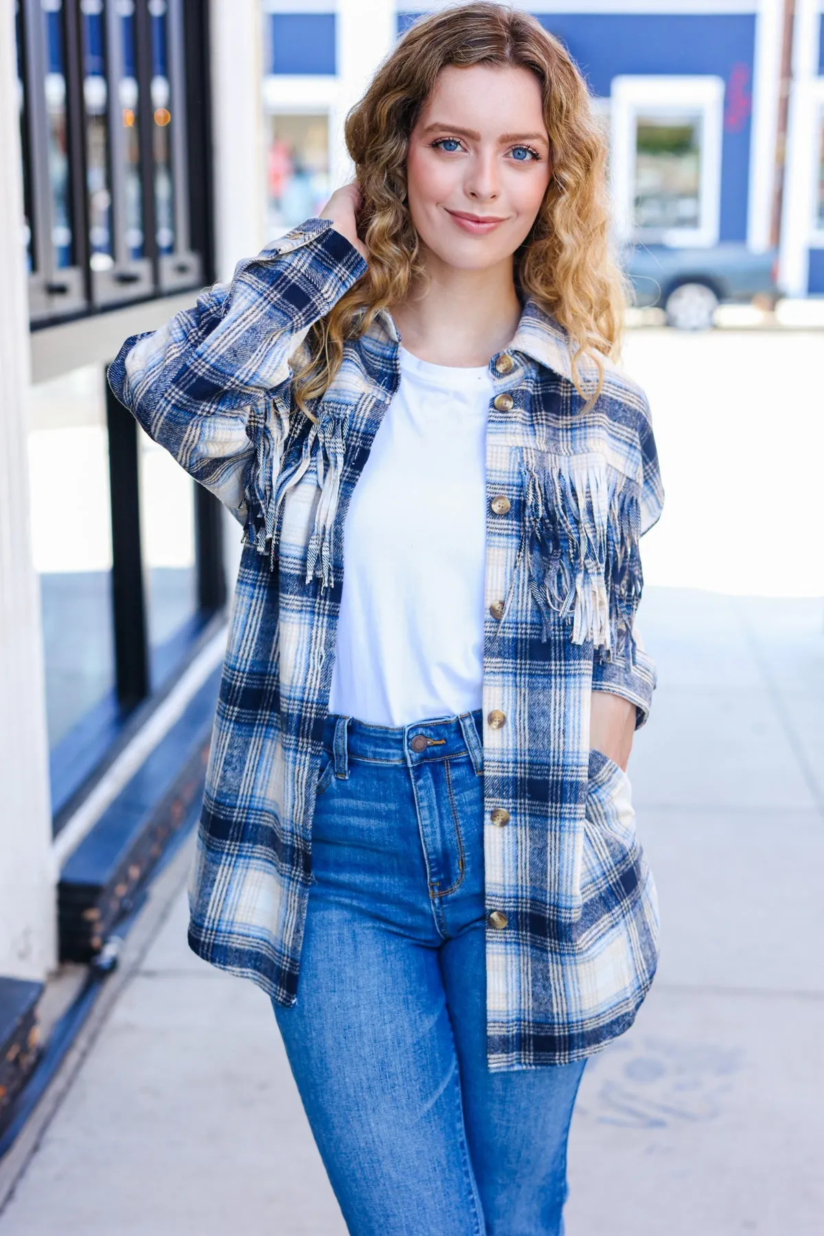 Navy Plaid Fringe Button Down Shacket