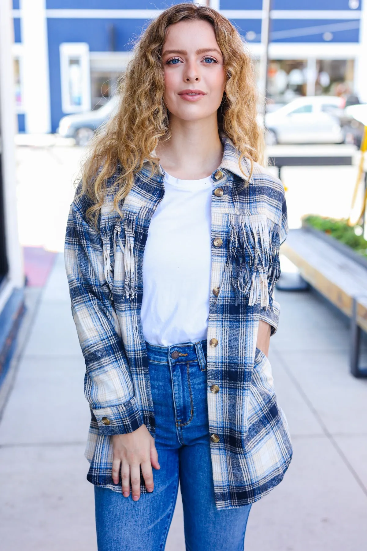 Navy Plaid Fringe Button Down Shacket