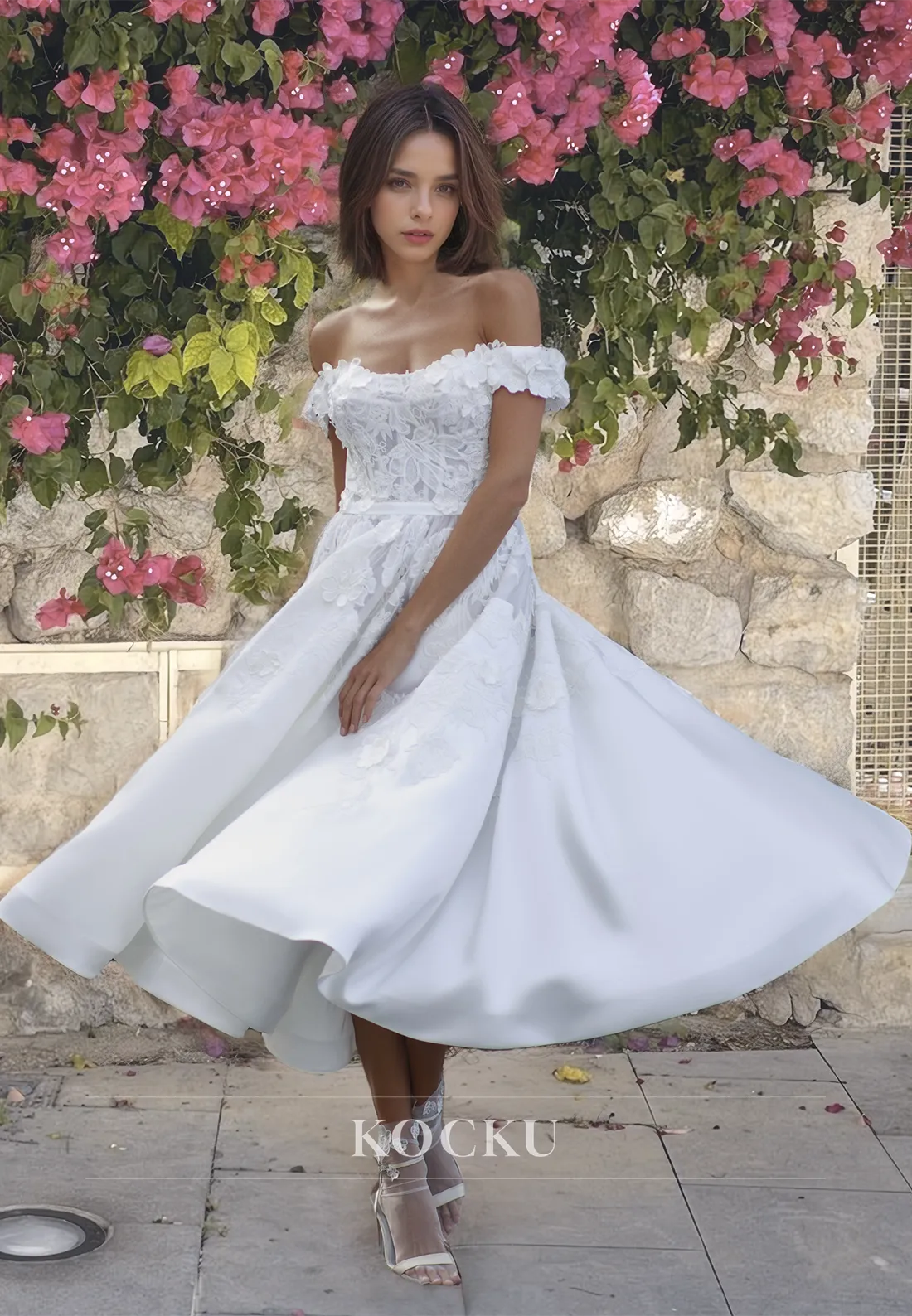 Off-Shoulder A-Line Sleeveless Ankle-Length Satin Beach Wedding Dress with Appliques Bridal Gowns