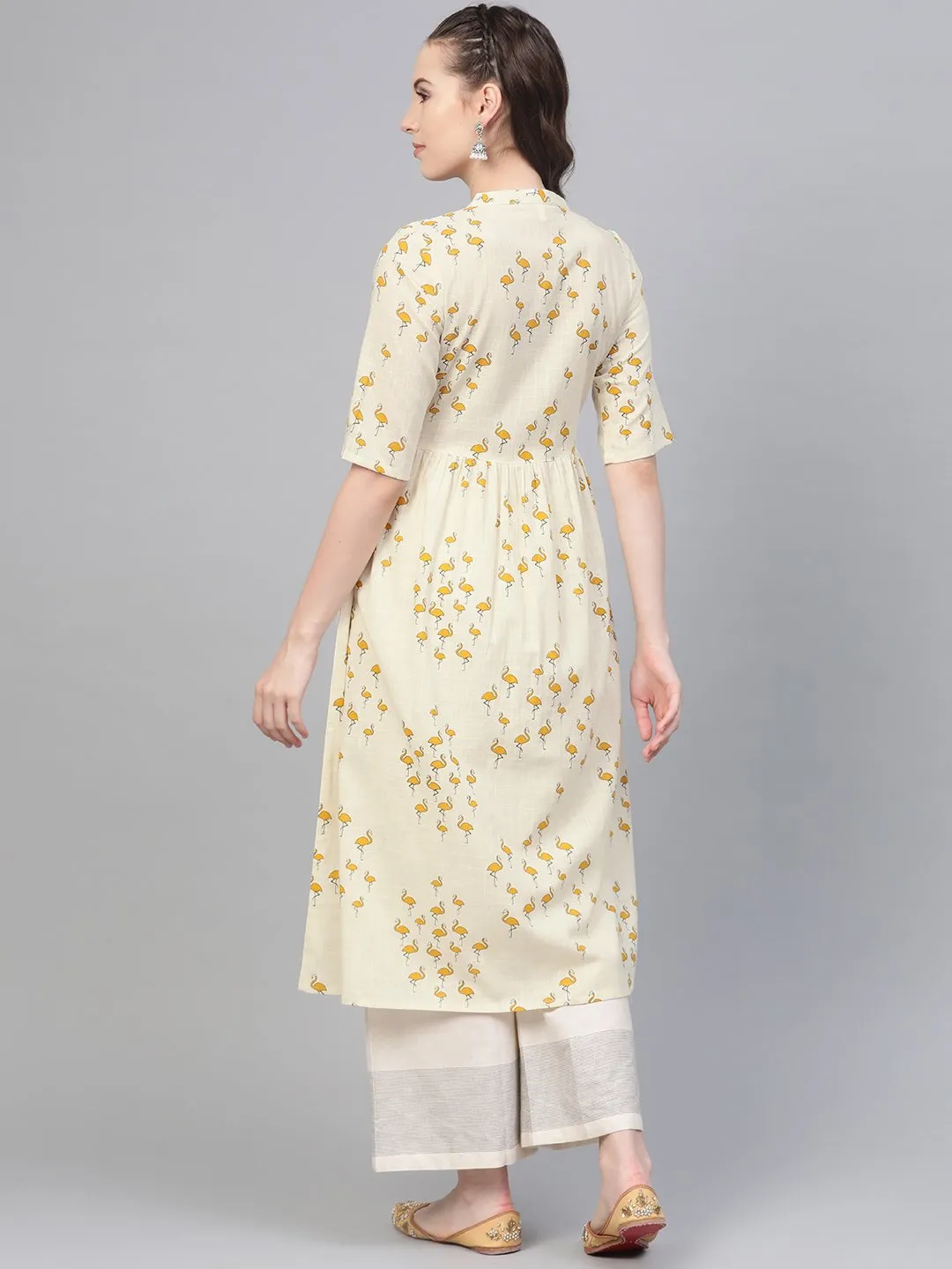 Off White And Yellow Ochre Flamingo Printed Dress With A Detachable Belt Detailing On The Yoke