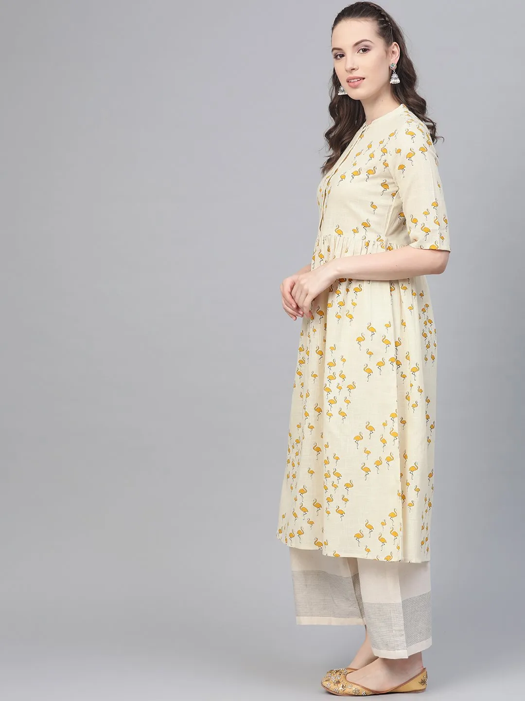 Off White And Yellow Ochre Flamingo Printed Dress With A Detachable Belt Detailing On The Yoke