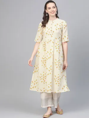 Off White And Yellow Ochre Flamingo Printed Dress With A Detachable Belt Detailing On The Yoke