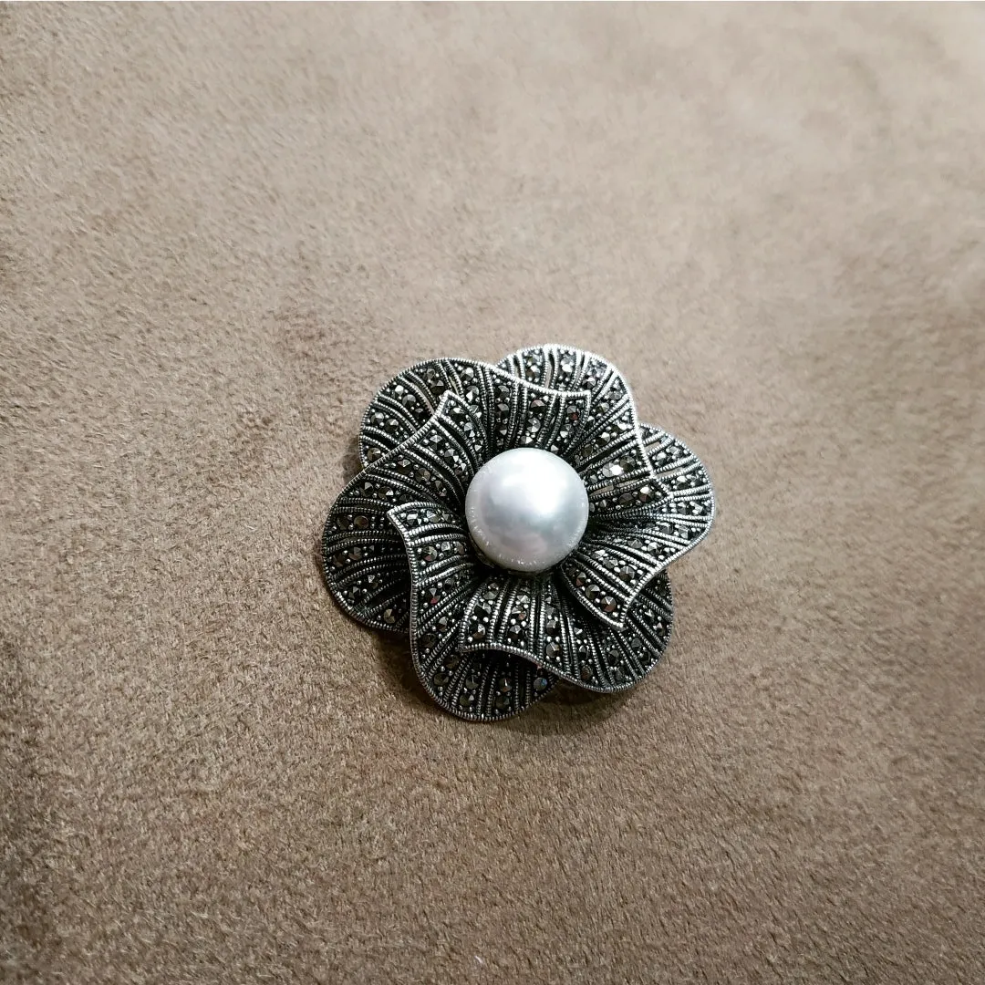 Pearl Flower Brooch Silver Marcasite Pendant Pin