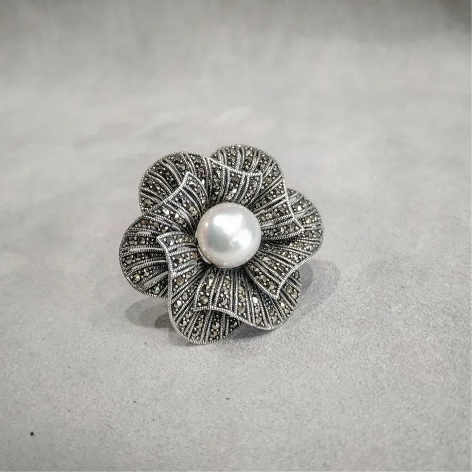 Pearl Flower Brooch Silver Marcasite Pendant Pin