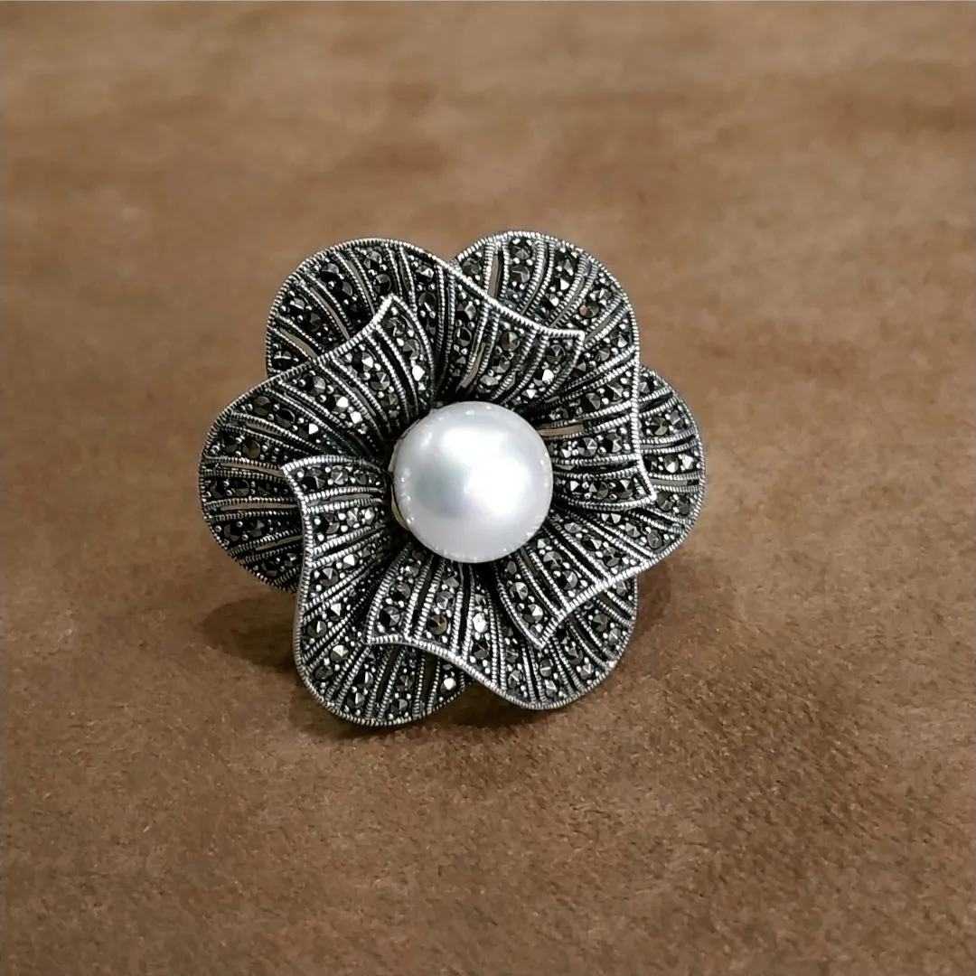 Pearl Flower Brooch Silver Marcasite Pendant Pin