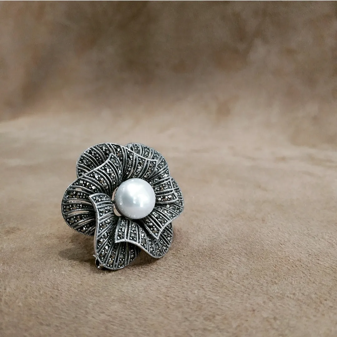 Pearl Flower Brooch Silver Marcasite Pendant Pin