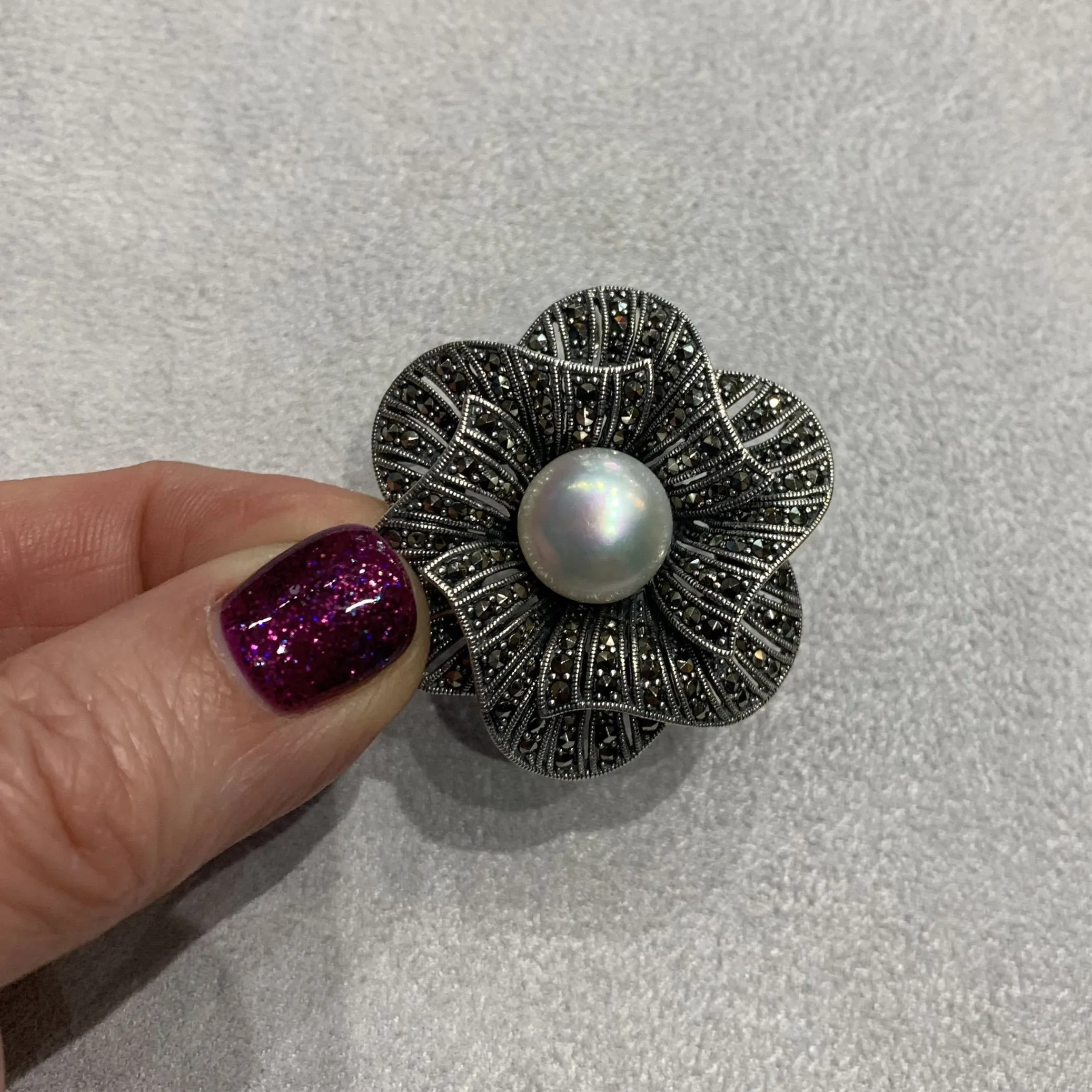 Pearl Flower Brooch Silver Marcasite Pendant Pin