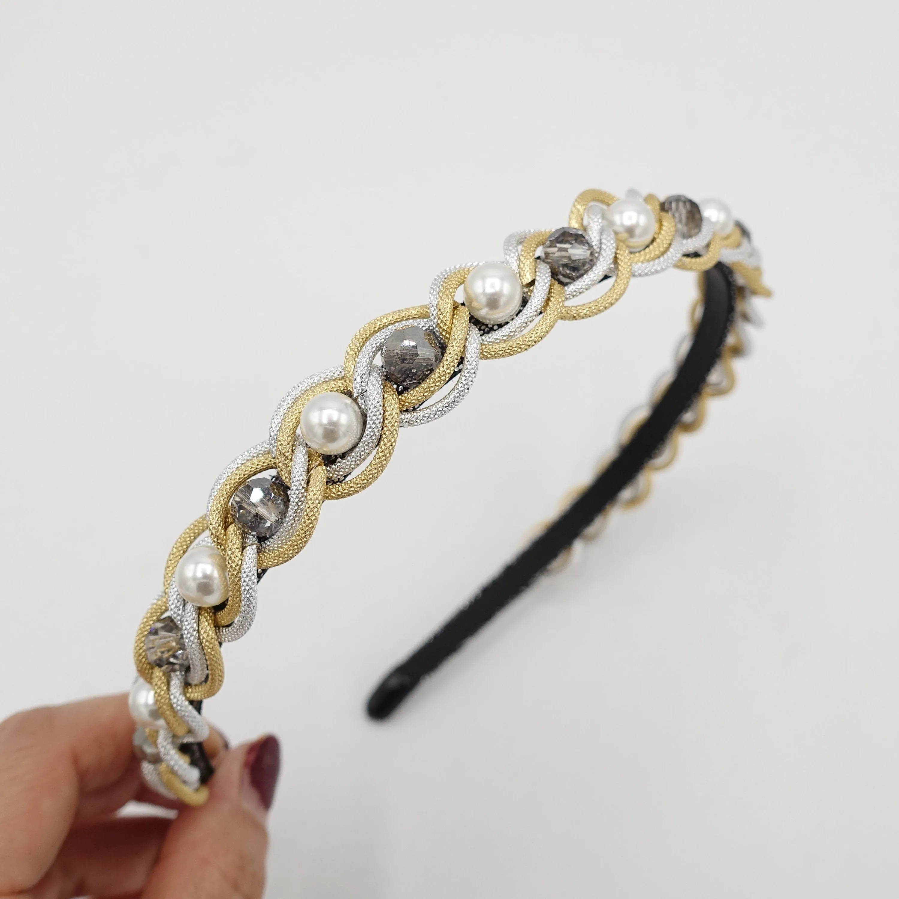 pearl glass beads embellished chain headband thin hairband hair accessory for women