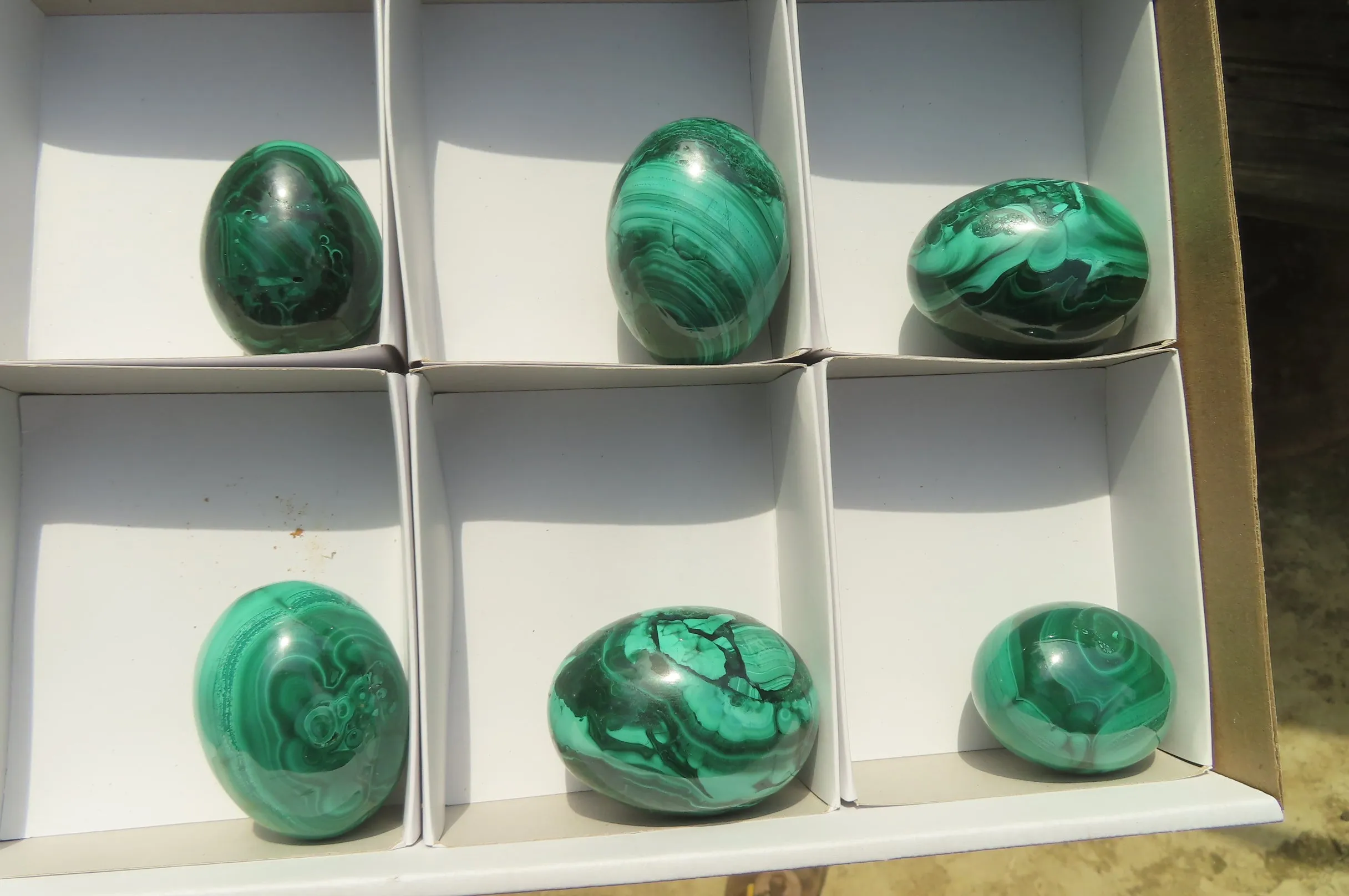 Polished Flower Banded Malachite Gemstone Eggs x 6 From Congo