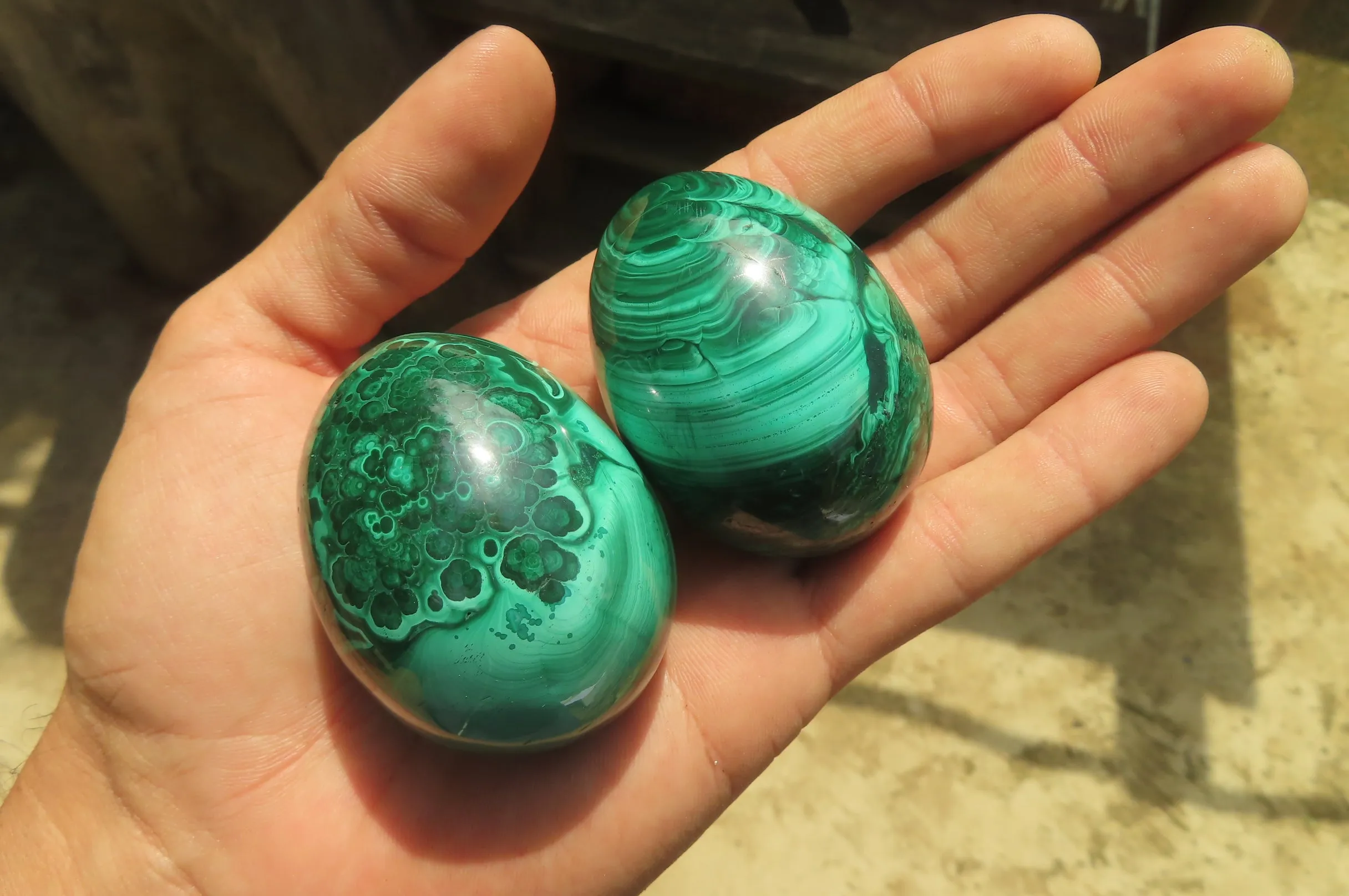 Polished Flower Banded Malachite Gemstone Eggs x 6 From Congo