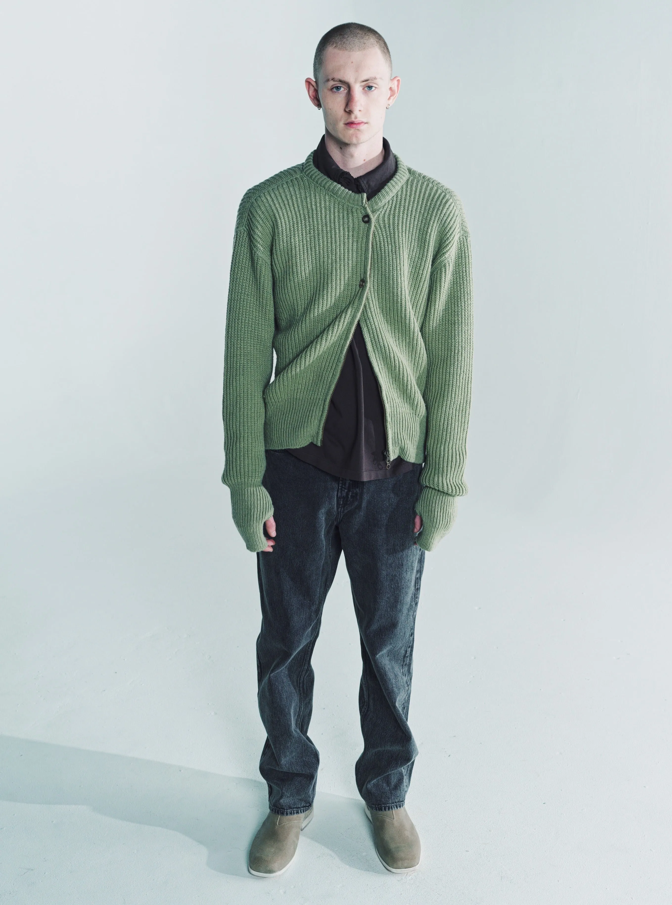 Refined Green Quotidian Wool Zip Wrap Cardigan