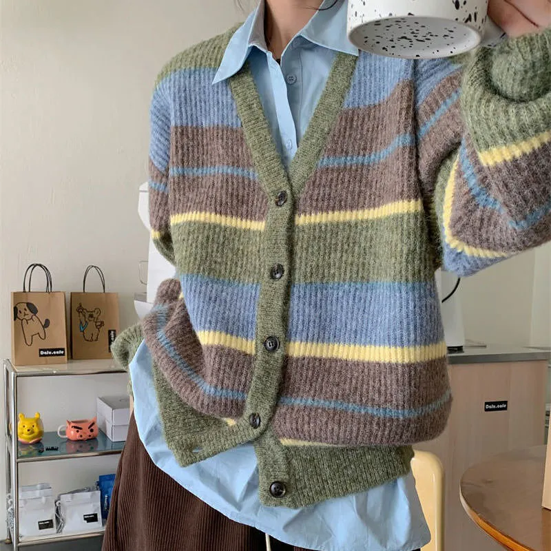 Sage Autumn Aesthetic Striped Cardigan