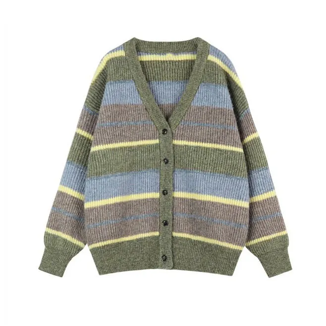 Sage Autumn Aesthetic Striped Cardigan