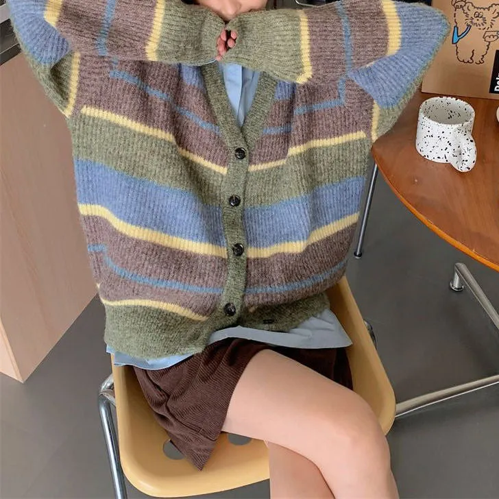 Sage Autumn Aesthetic Striped Cardigan