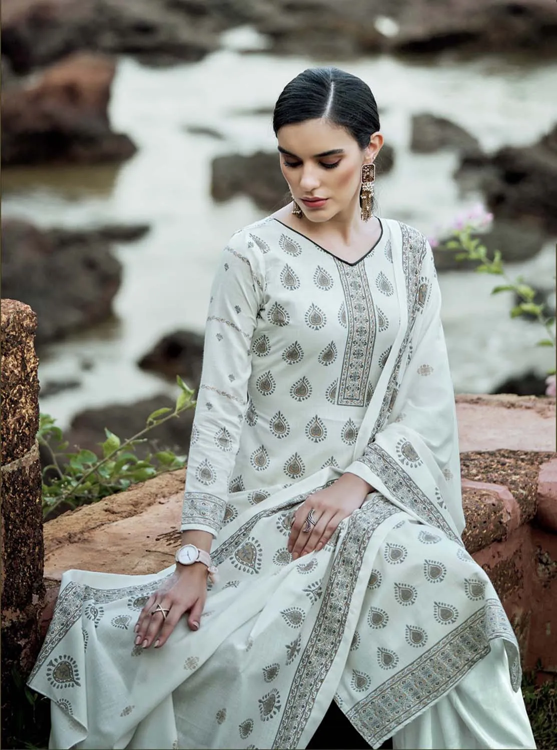 Sargam Unstitched White Cotton Suit Dress Materials