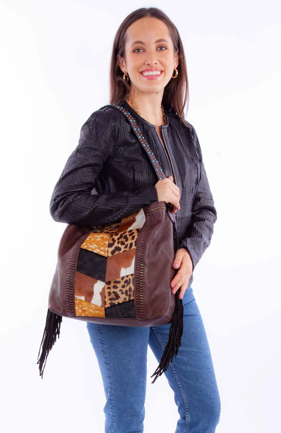 Scully Womens Patchwork Cowhide Brown Leather Shoulder Tote Bag