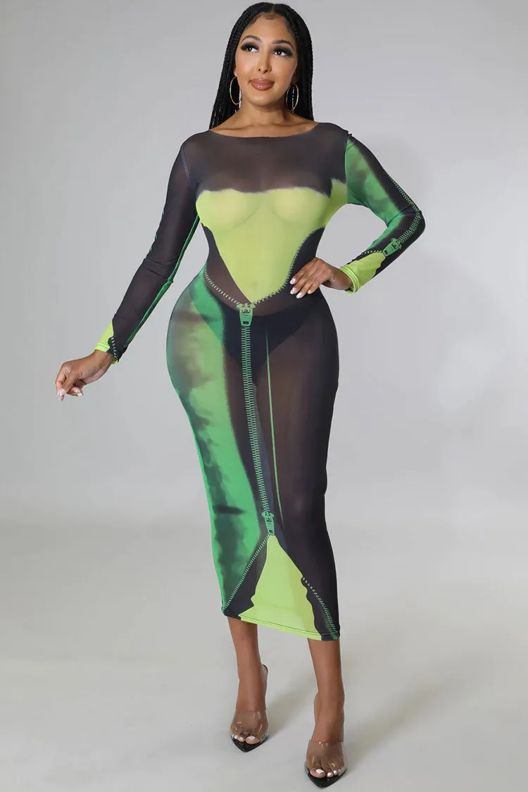 Sexy Round Neck Tie Dye Printed Long Sleeve Sheer Mesh Midi Dress - Green