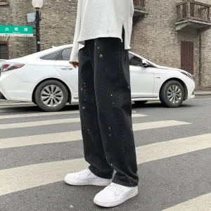 Star embroidery black jeans men's fashion brand straight tube loose hiphop fried Street pants over size wide leg pants 2021 New