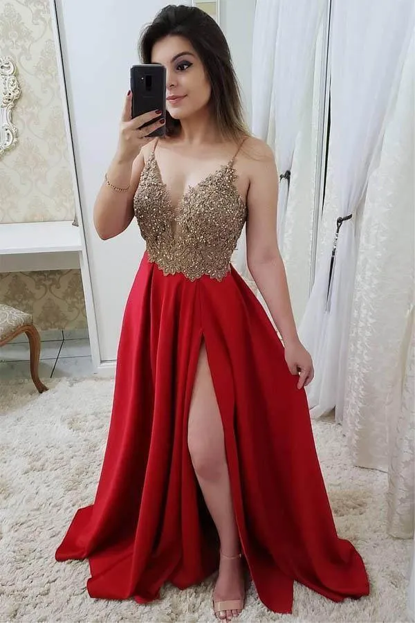 Strap A Line Maroon Long Beaded Prom Dresses with Split and Gold Lace PG871